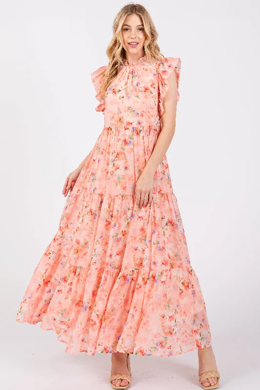 ladies-maxi-dress-glam-glow-Peach Floral Chiffon Ruffle Shoulder Tiered Maxi Dress