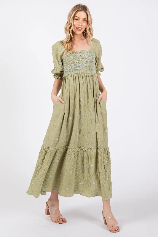 Women's midi dress spark flair -Light Olive Gauze Smocked Embroidered Square Neck Midi Dress