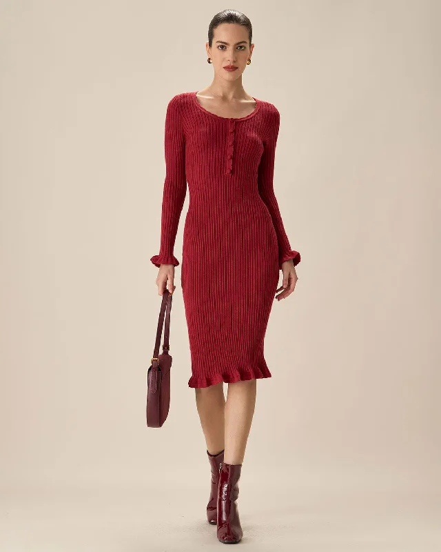 ladies-bodycon-dress-polka-pop-Red Bodycon Bell Sleeve Sweater Dress | Wine Red