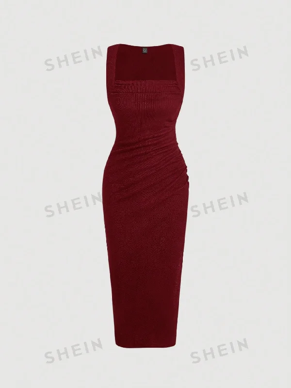 ladies-bodycon-dress-sporty-skip-SHEIN Square Neckline Pleated Bodycon Dress