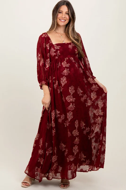 ladies-maxi-dress-sage-sweep-Burgundy Multi Floral Textured Peasant Babydoll Maxi Dress