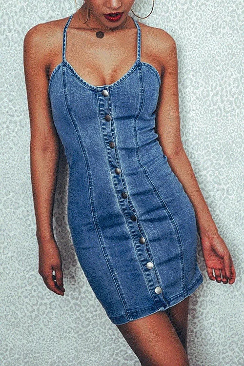 Women's party dress bit pop -Sexy Women Blue Denim Dress Brand Slim Jeans Dresses One-piece Cowboy vintage bodycon Mini Vestidos one line Button party dress