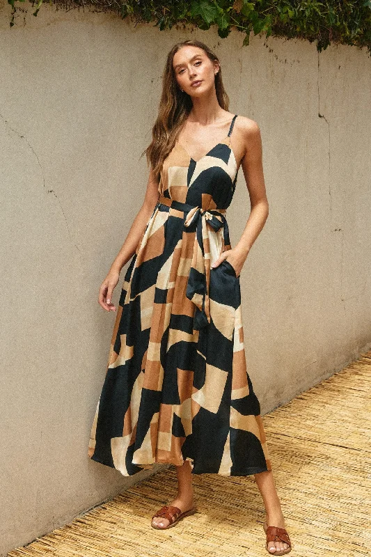 ladies-maxi-dress-gold-glow-Camel Abstract Print Sash Tie Maxi Dress