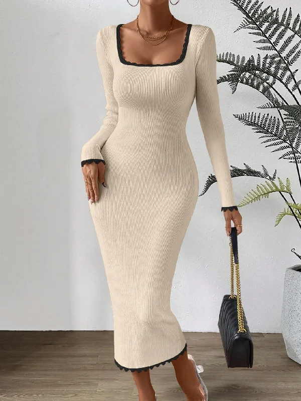 ladies-bodycon-dress-tulle-tease-Privé Contrast Binding Square Neck Bodycon Sweater Dress