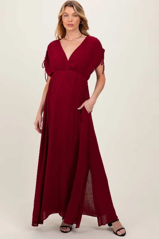 ladies-maxi-dress-winter-warm-Burgundy V-Neck Drawstring Short Sleeve Side Slit Maternity Maxi Dress