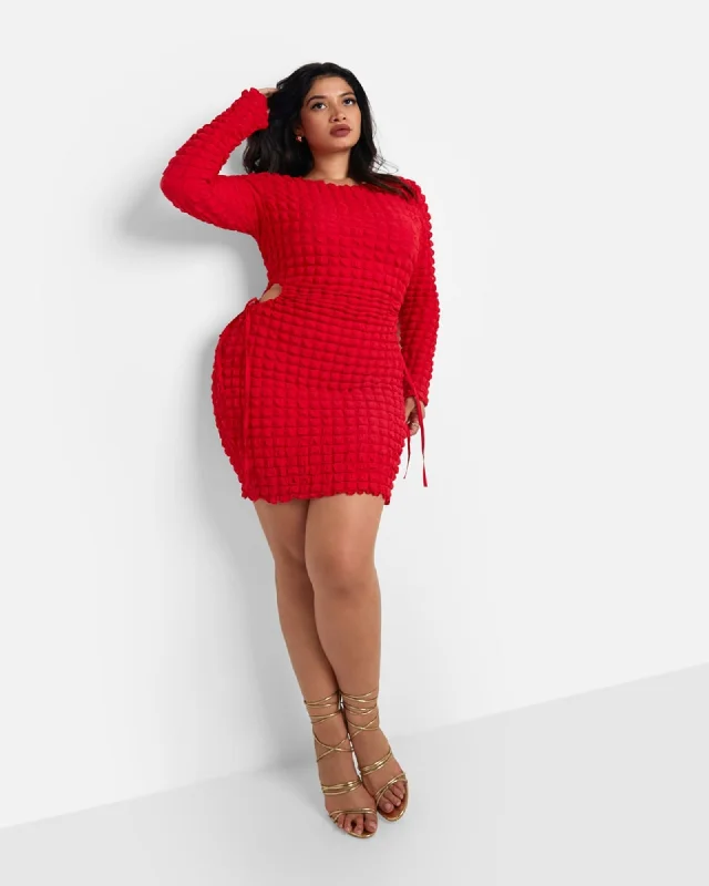 ladies-bodycon-dress-cotton-curve-Scorpio Popcorn Smocking Cut Out Mini Bodycon Dress - Red | Red