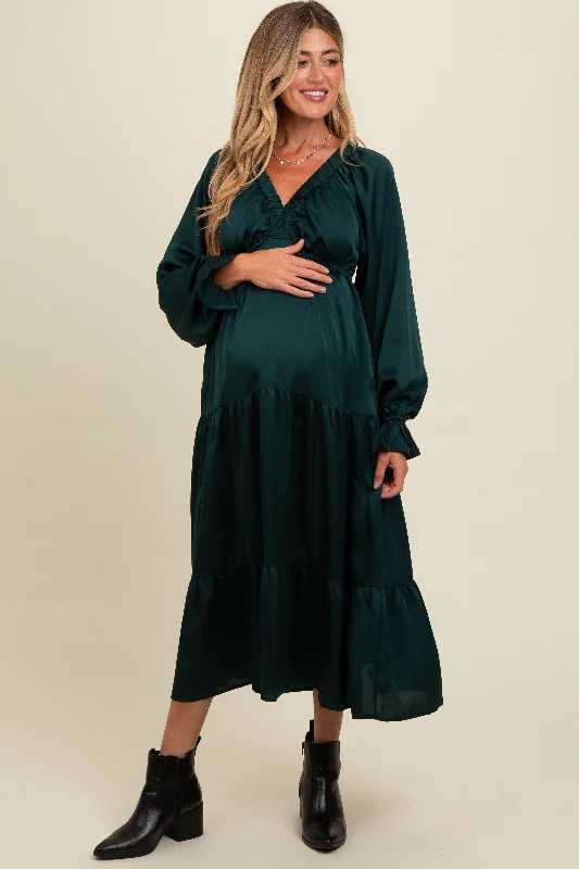 ladies-maxi-dress-magenta-muse-Forest Green Satin V-Neck Tiered Maternity Maxi Dress