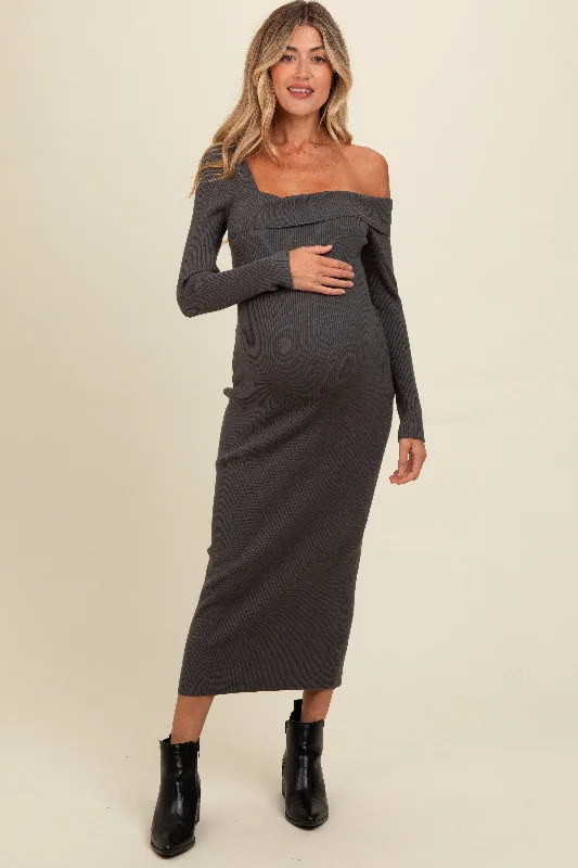 ladies-maxi-dress-versatile-vibe-Charcoal Foldover One Shoulder Maternity Maxi Sweater Dress