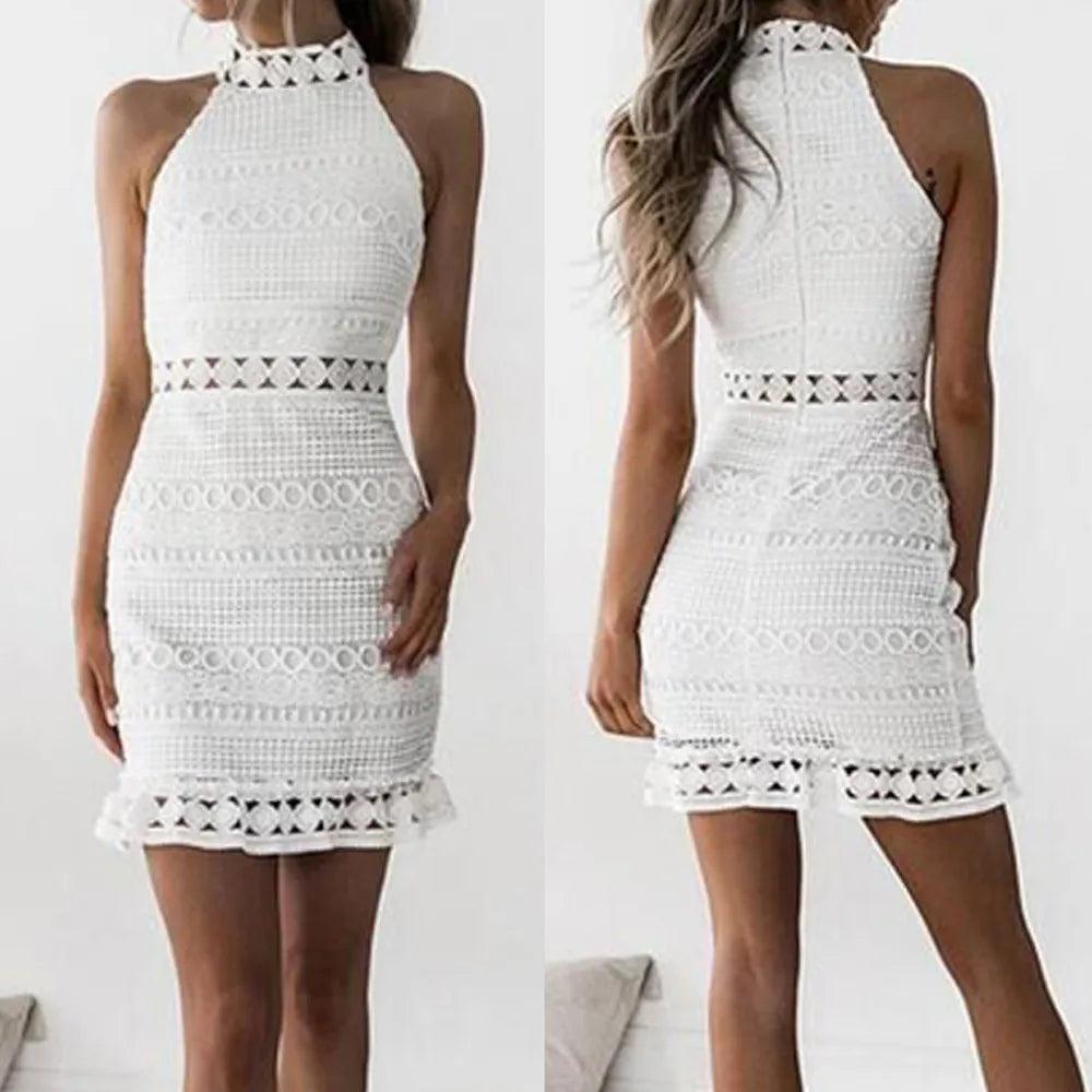 Women's party dress grit chic -Women Lace Sleeveless Sexy Women Dress Lace Hollow Backless Elegant Party Chic Retro Dress Black White Lace Dresses New