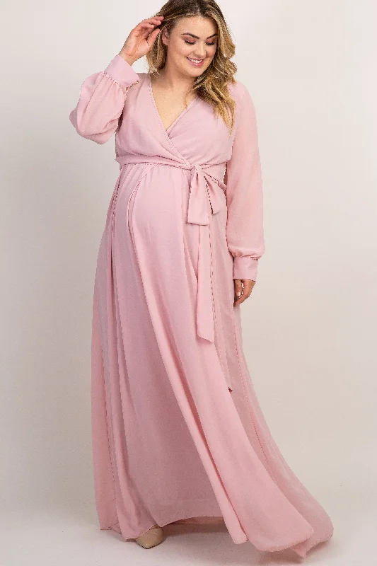 ladies-maxi-dress-maternity-muse-Light Pink Chiffon Long Sleeve Pleated Plus Maternity Maxi Dress