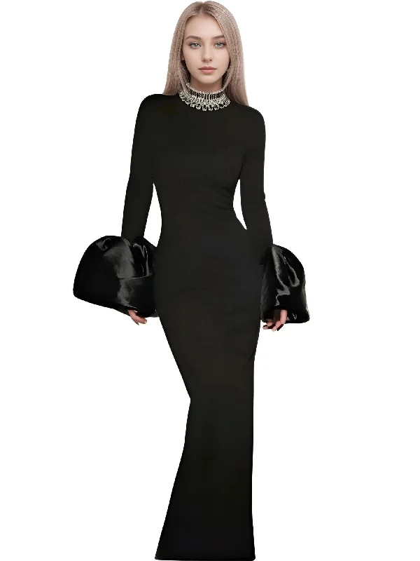 Women's party dress net chic -Flare Sleeve Shining Diamond Neck Long Dress Elegant Woman Black Bandage Evening Party Dress Cocktail Party Outfit