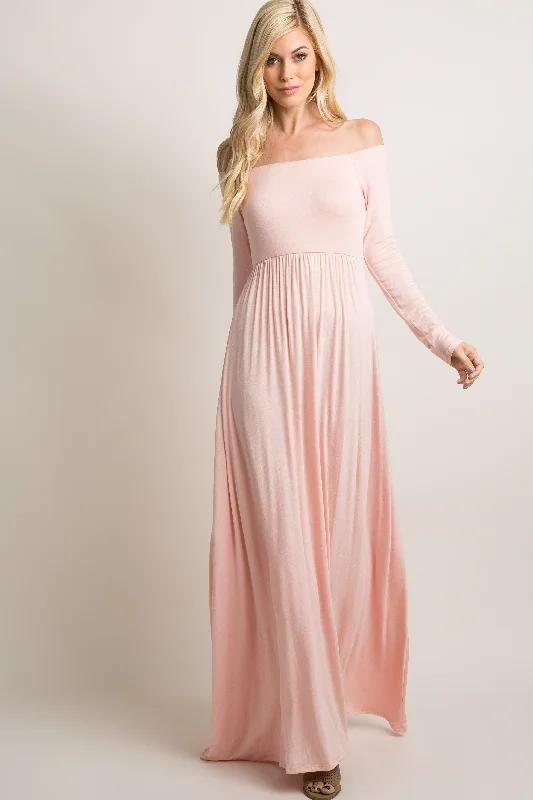 ladies-maxi-dress-insta-illume-PinkBlush Pink Solid Off Shoulder Maxi Dress