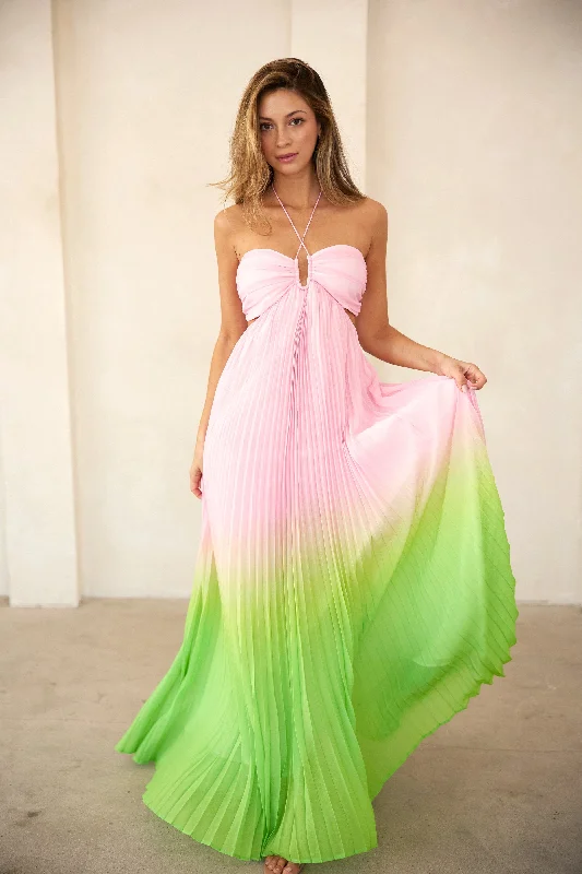 ladies-maxi-dress-shopping-silk-Light Pink Ombre Pleated Halter Cutout Maxi Dress