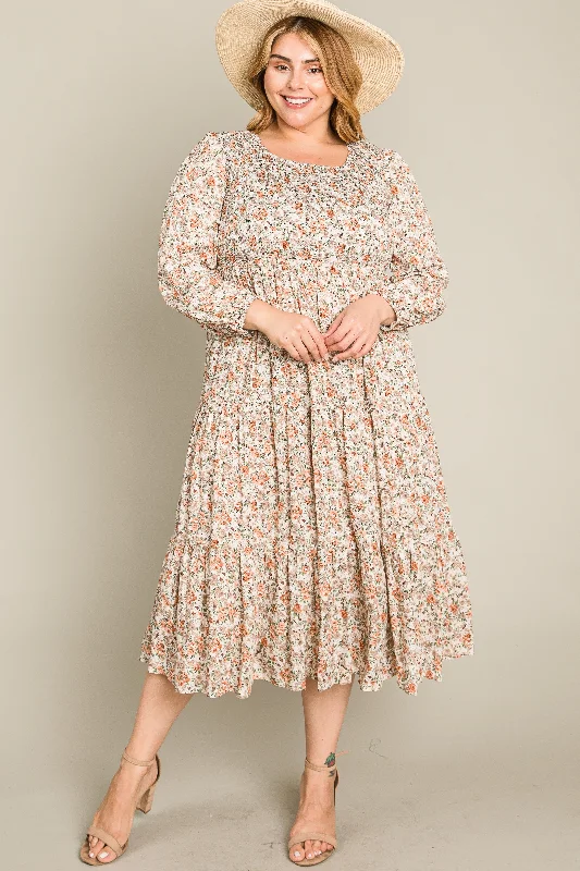 Women's midi dress year flair -Cream Floral Smocked 3/4 Sleeve Plus Midi Dress