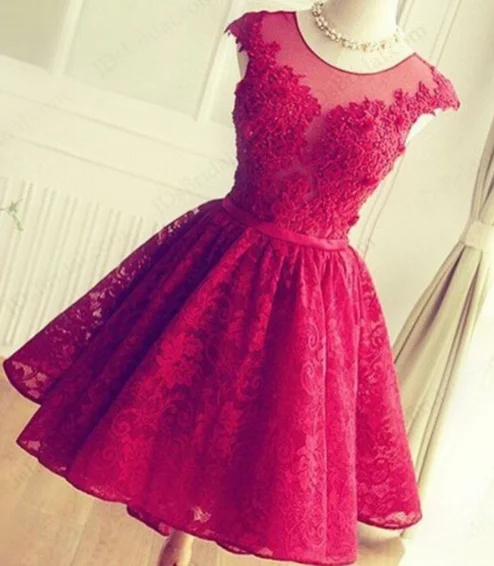 Women's party dress mini chic -FASHION RED HANDMADE LACE SHINING RHINESTONE PROM PARTY DRESS