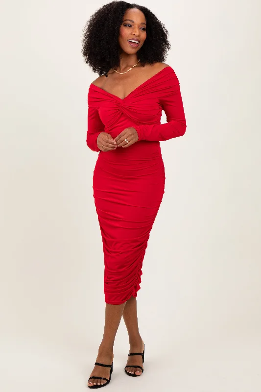 Women's midi dress mist glow -Red Off Shoulder Ruched Long Sleeve Midi Dress