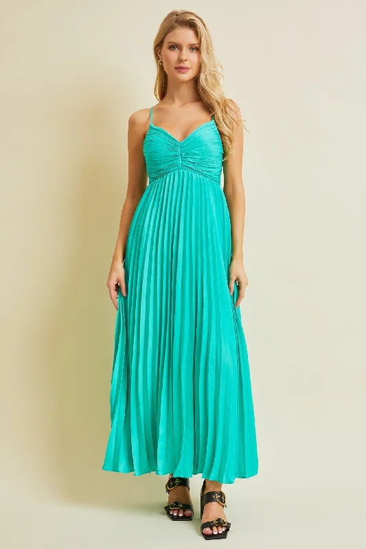 ladies-maxi-dress-blush-breeze-Turquoise Pleated Back Cutout Tie Maxi Dress