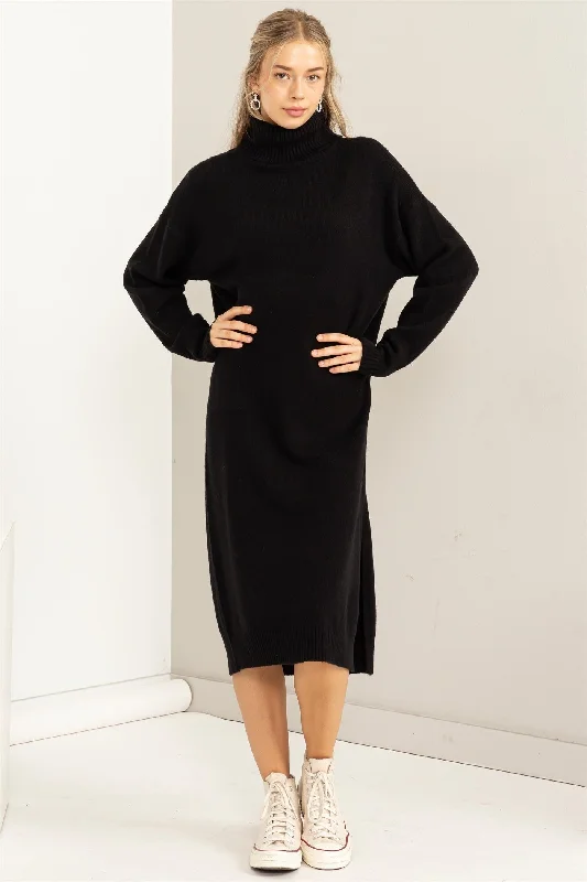 Women's midi dress chill chic -Black Turtleneck Side Slit Sweater Midi Dress