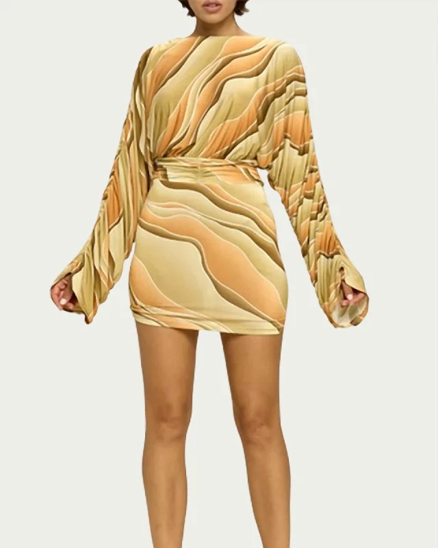 ladies-mini-dress-silver-skip-Marble Ruched Jersey Mini Dress in Yellow/Taupe | Yellow/Taupe