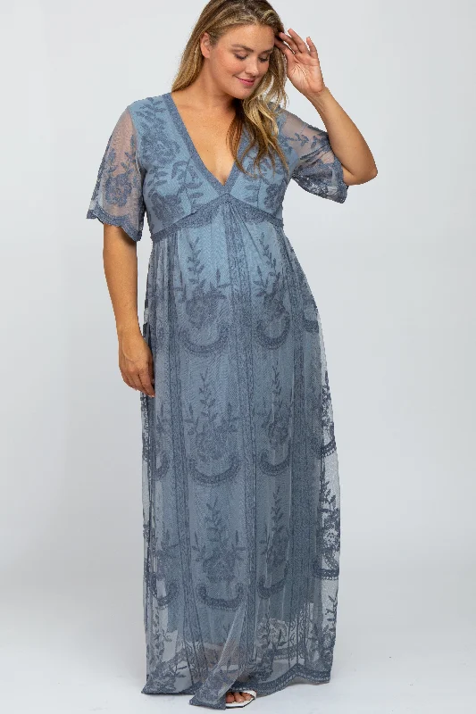 ladies-maxi-dress-sheer-shimmer-Blue Lace Mesh Overlay Maternity Plus Maxi Dress