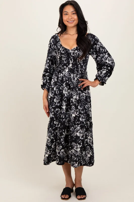 Women's midi dress off pop -Black Floral Smocked 3/4 Sleeve Tiered Midi Dress