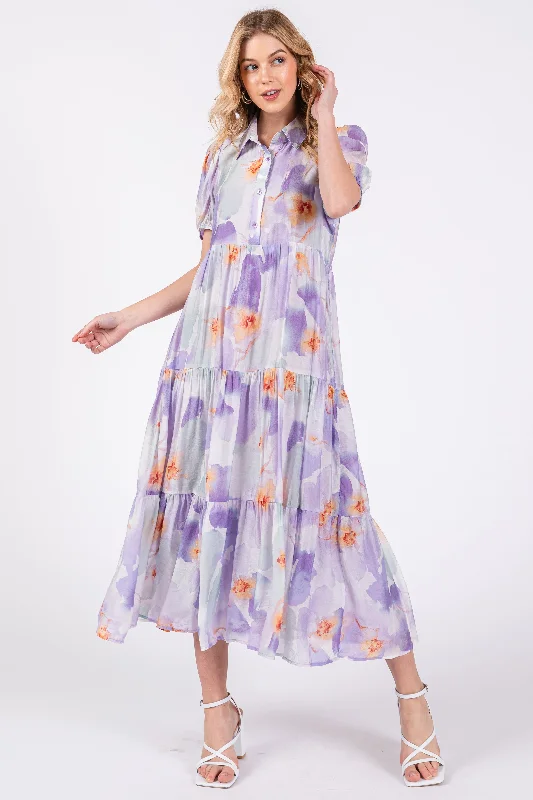 Women's midi dress bloom glow -Lavender Floral Button Front Short Sleeve Tiered Midi Dress