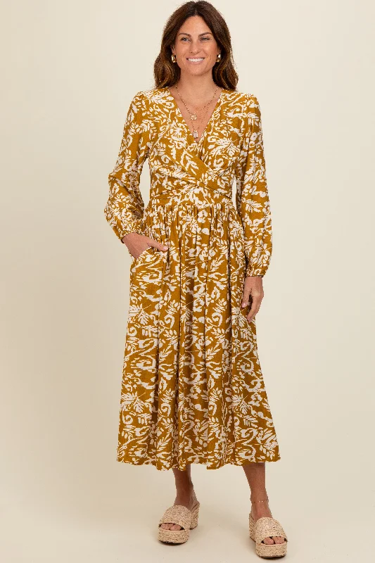 Women's midi dress deal flair -Gold Abstract Floral Gathered Front Midi Dress