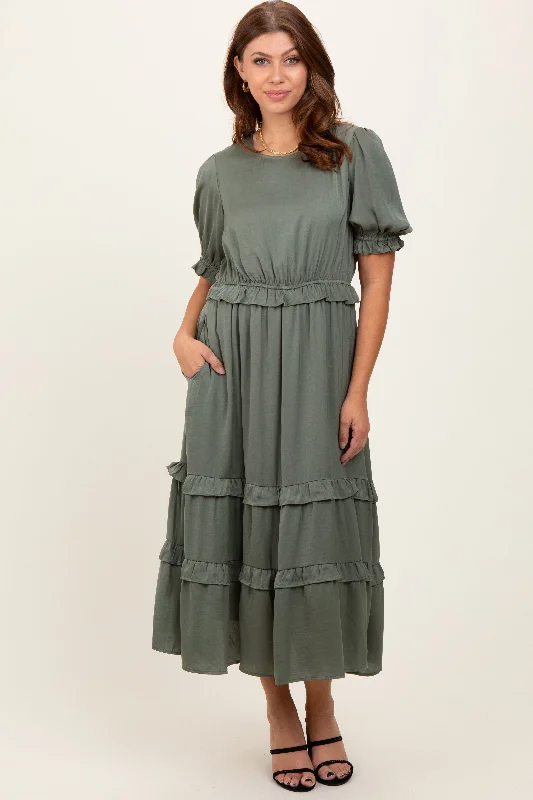 Women's midi dress stem chic -Olive Satin Ruffle Trim Midi Dress