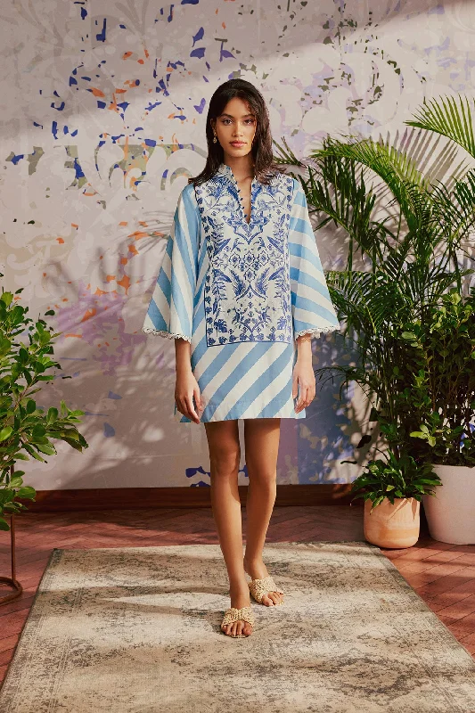 ladies-mini-dress-minimal-mirth-Cornflower Azulejos Mini Kaftan Dress