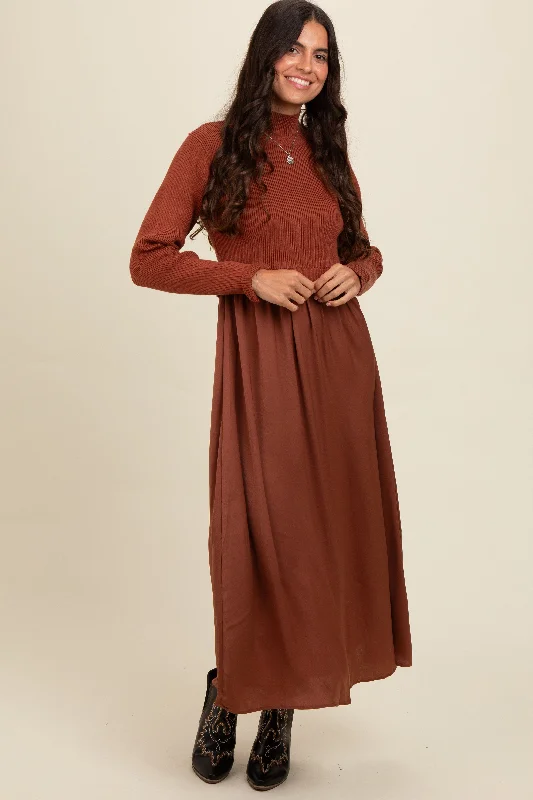 Women's midi dress fog chic -Brown Knit Contrast Top Satin Midi Dress