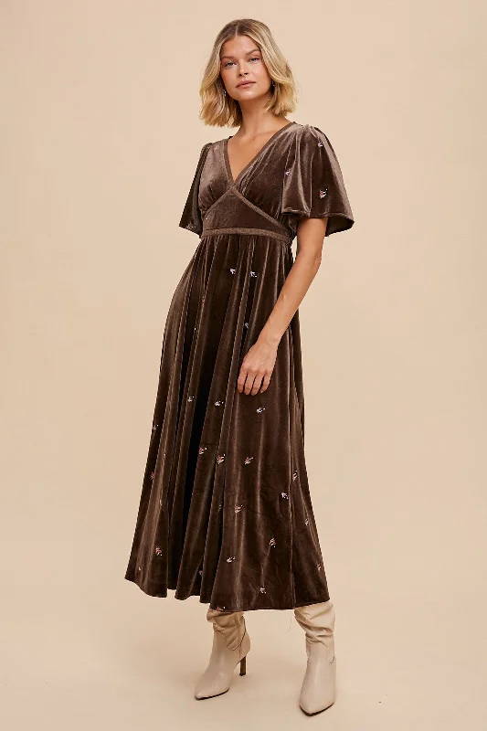 ladies-maxi-dress-metallic-mirth-Pewter All Over Floral Embroidered Velvet Maxi Dress