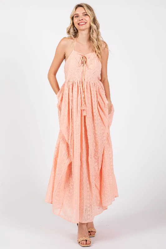 ladies-maxi-dress-fringe-fable-Light Pink Embroidered Tassel Tie Maxi Dress