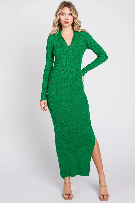 ladies-maxi-dress-lemon-lush-Green Rib Knit Collared Maxi Dress