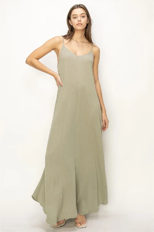 ladies-maxi-dress-formal-flair-Light Olive Lightweight Sleeveless V-Neck Maxi Dress