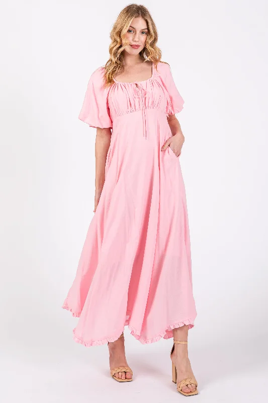 ladies-maxi-dress-handmade-hush-Pink Front Tie Puff Sleeve Maxi Dress