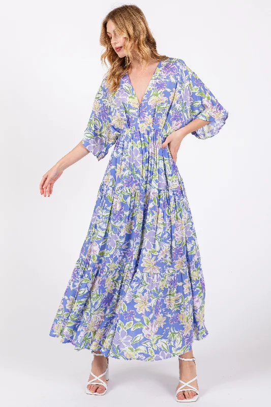 ladies-maxi-dress-delicate-dawn-Blue Floral Dolman Sleeve Tiered Maxi Dress