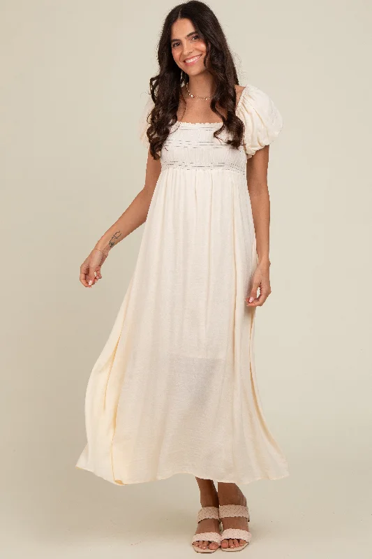 ladies-maxi-dress-orchid-opal-Cream Smocked Puff Sleeve Maxi Dress