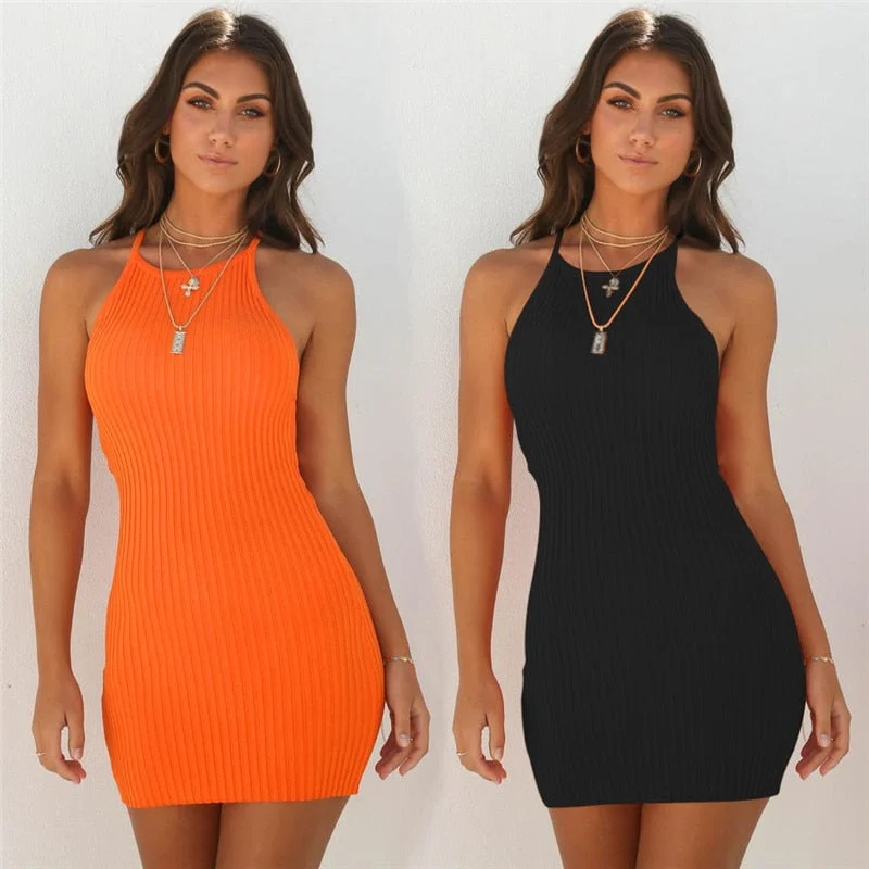 ladies-bodycon-dress-animal-amps-Ribbed Dress Women Summer Dress Sexy Sleeveless Sling Bodycon Dress Fashion Solid Color Mini Dress Elegant Office Lady Clothing