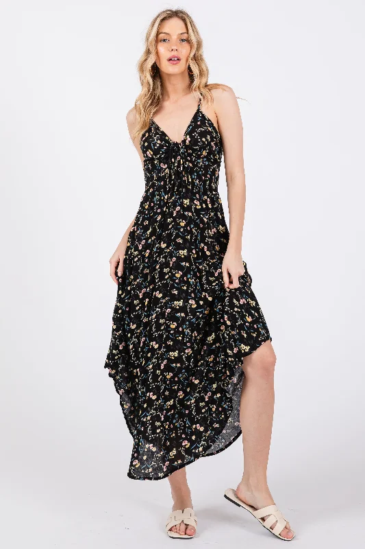 Women's midi dress citrus pop -Black Floral Cinched Tie Bust Midi Dress