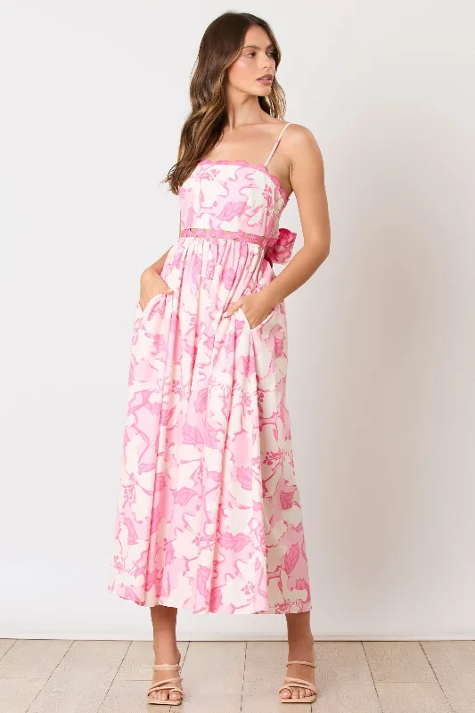 Women's midi dress flow flair -Pink Floral Wave Trim Back Tie Midi Dress