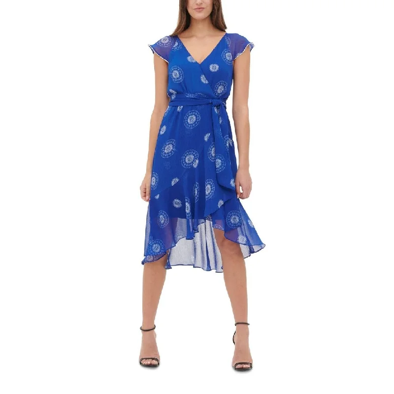 Women's party dress still flair -Tommy Hilfiger Women's Tie Printed Cap Sleeve V Neck Tea Length Party Wrap Dress Blue Size 22W