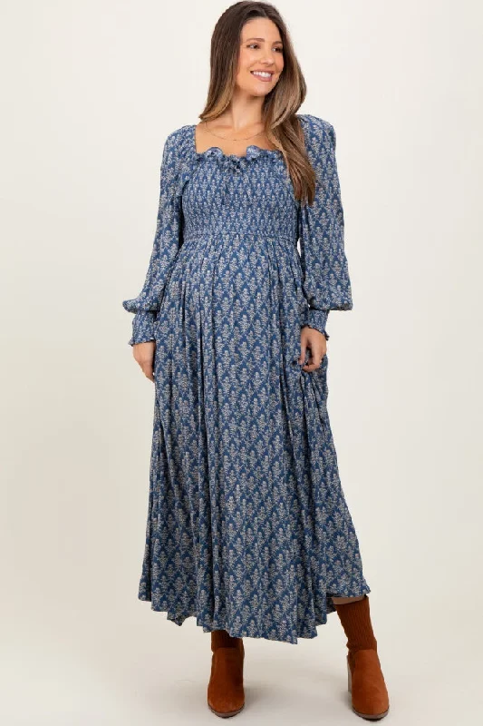 ladies-maxi-dress-spring-sunset-Blue Damask Print Smocked Ruffle Accent Maternity Maxi Dress