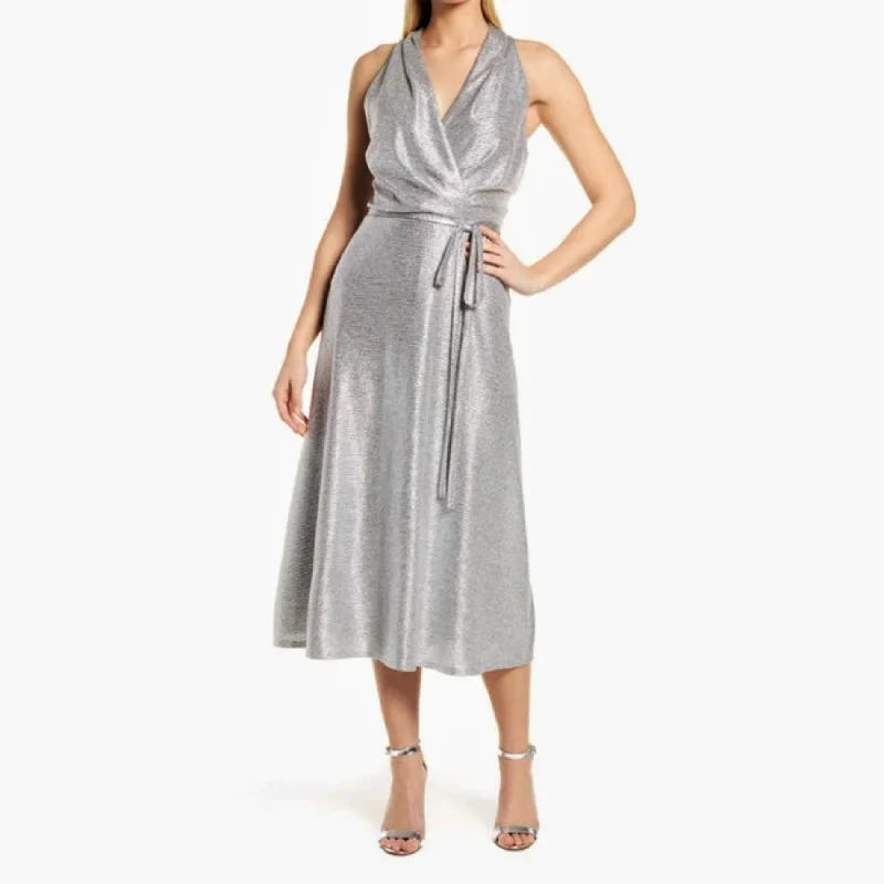 Women's party dress mini chic -DONNA RICCO V-neck Metallic Shimmer Wrap Style Cocktail Party Midi Dress