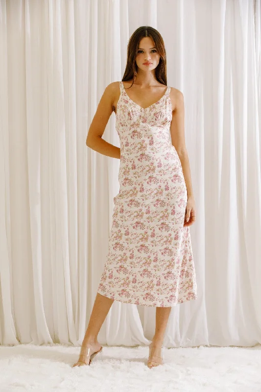 ladies-bodycon-dress-slim-snap-Cream Floral Romantic Print Bodycon Midi Dress