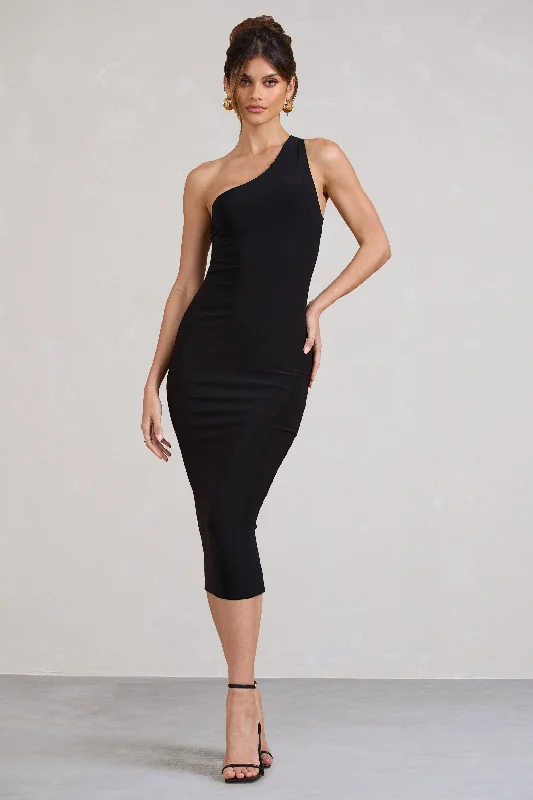 ladies-bodycon-dress-eggplant-edge-Vineyard | Black Asymmetric Backless Bodycon Midi Dress