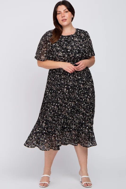 Women's midi dress joy glow -Black Floral Pleated Chiffon Plus Midi Dress