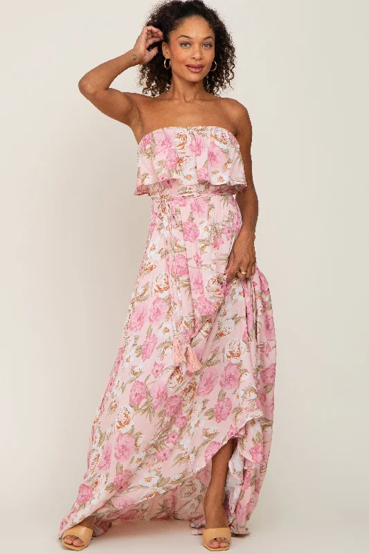 ladies-maxi-dress-evening-ember-Light Pink Floral Strapless Ruffle Front Maxi Dress