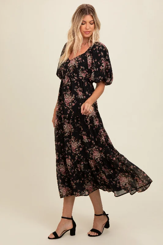 ladies-maxi-dress-ivory-illume-Black Floral Tiered Puff Sleeve Maxi Dress