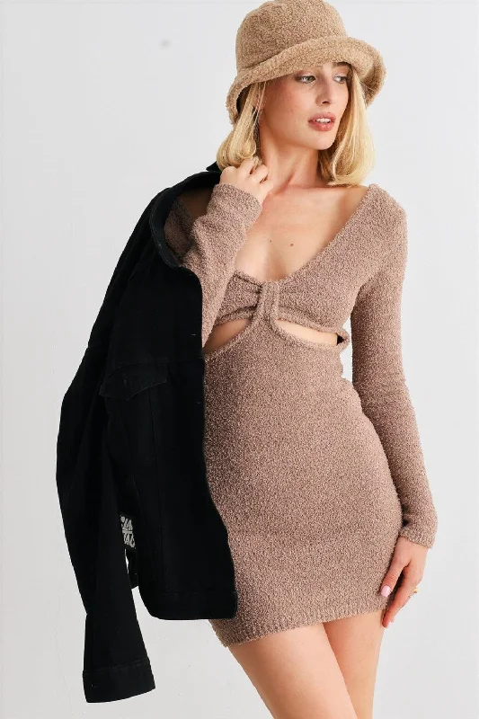 ladies-mini-dress-fitted-flair-HERA COLLECTION Fluffy Bow Cut-Out Detail Long Sleeve Mini Dress