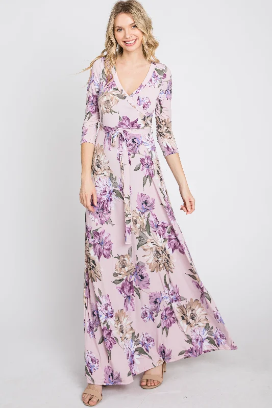 ladies-maxi-dress-tie-front-tide-Lavender Floral Wrap Maxi Dress